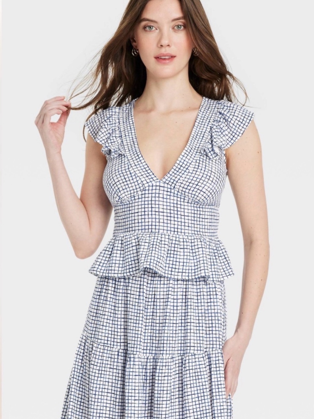 V-Neck Ruffle Peplum Set in Navy Check